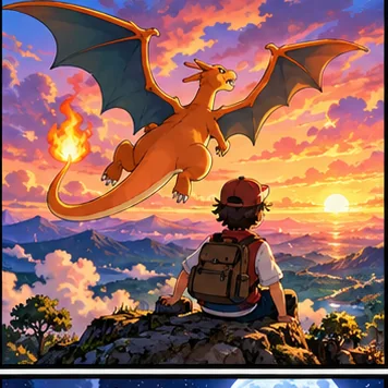 Un entrenador observa a Charizard volar al atardecer