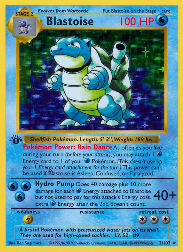 Carta real: Blastoise · Base Set 2/102 (1.ª edición)